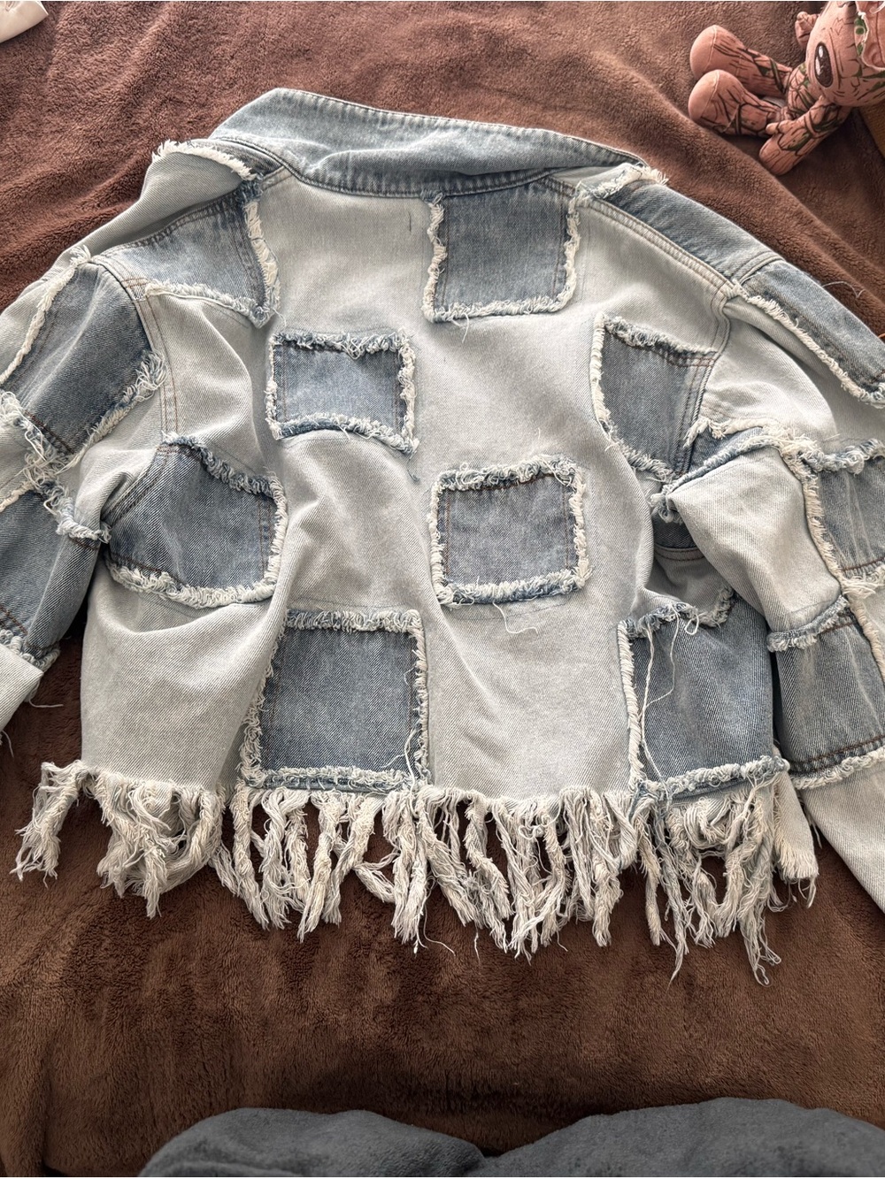 Fringed Patchwork Light Wash Denim Jacket